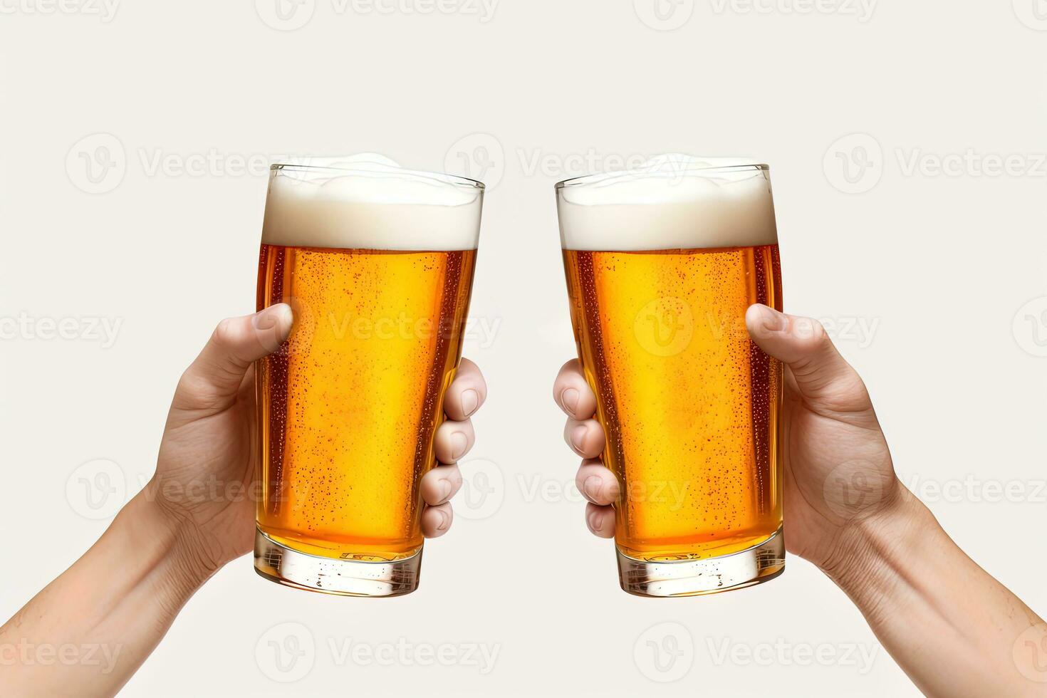 Hands toasting with glasses of beer isolated on white background. ai generated photo