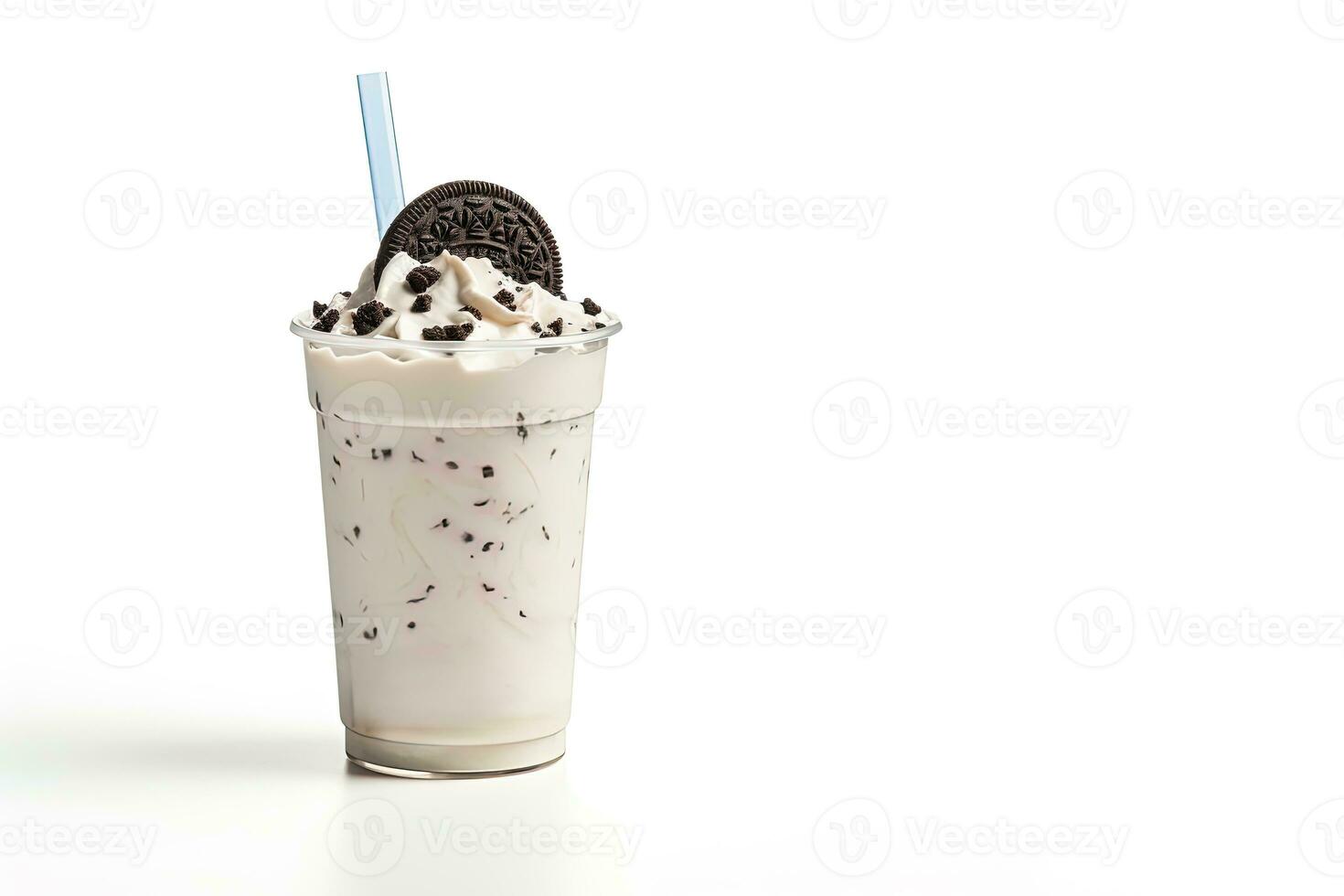 Cookies and cream milkshake in a takeaway cup isolated on white background with copy space. ai generated photo