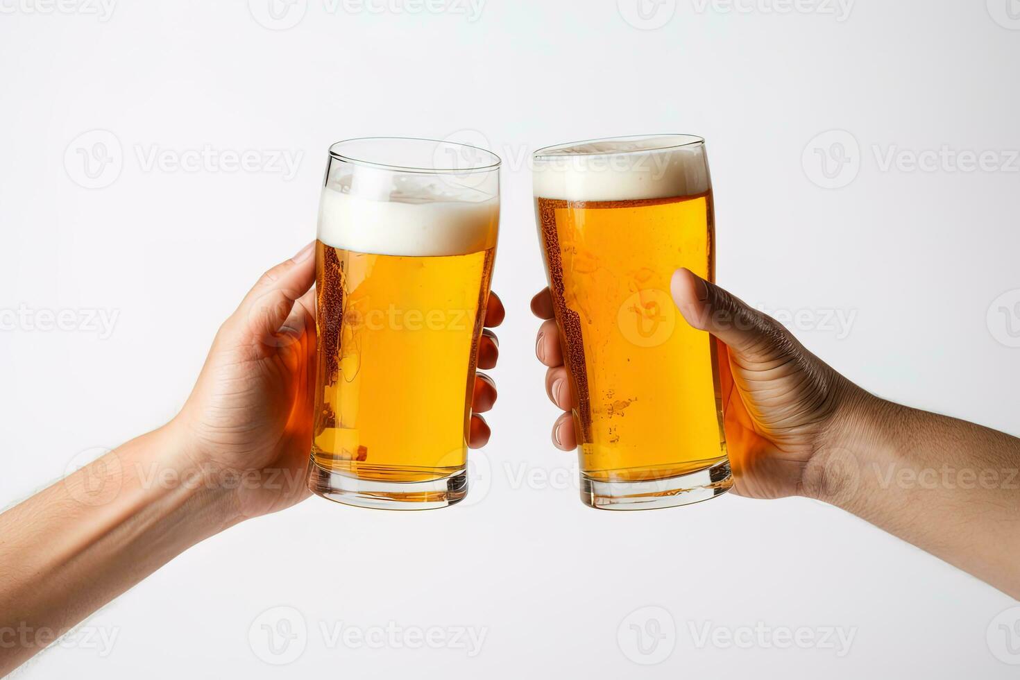 Hands toasting with glasses of beer isolated on white background. ai generated photo