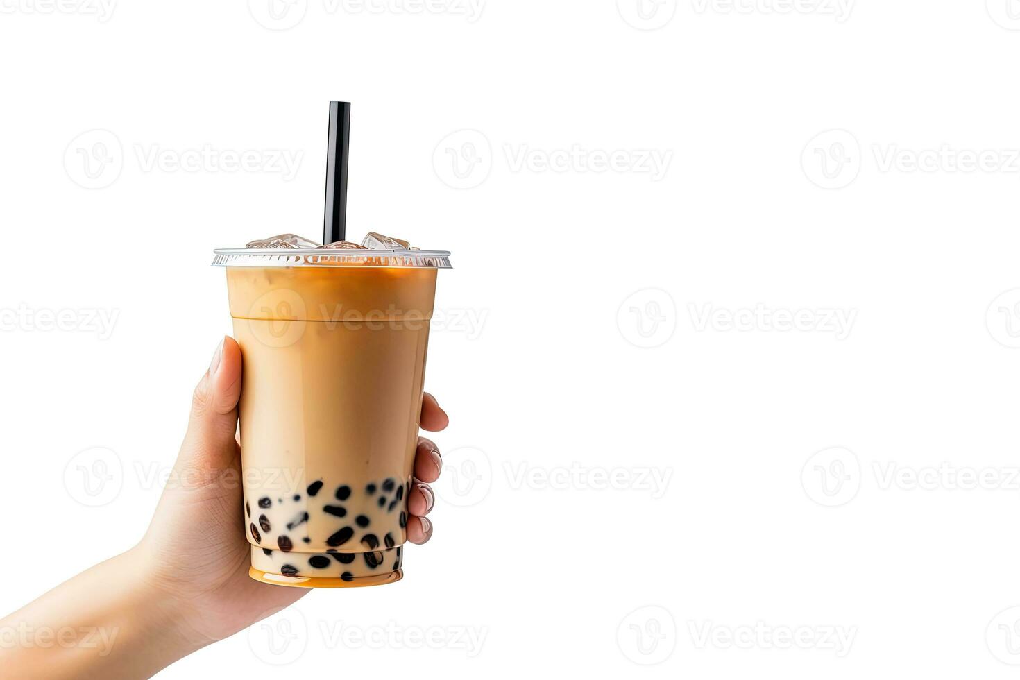 A hand holding takeaway plastic cup of delicious iced bubble milk tea and black pearls isolated on white background with copy space. ai generated photo