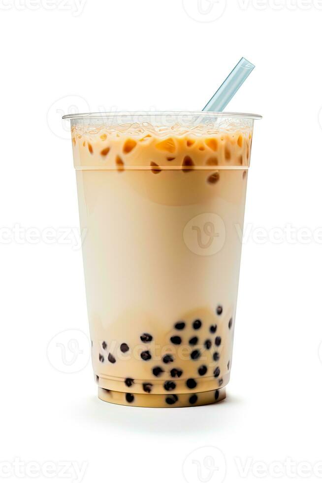 iced milk tea and bubble boba in the plastic glass on the white background. ai generated photo