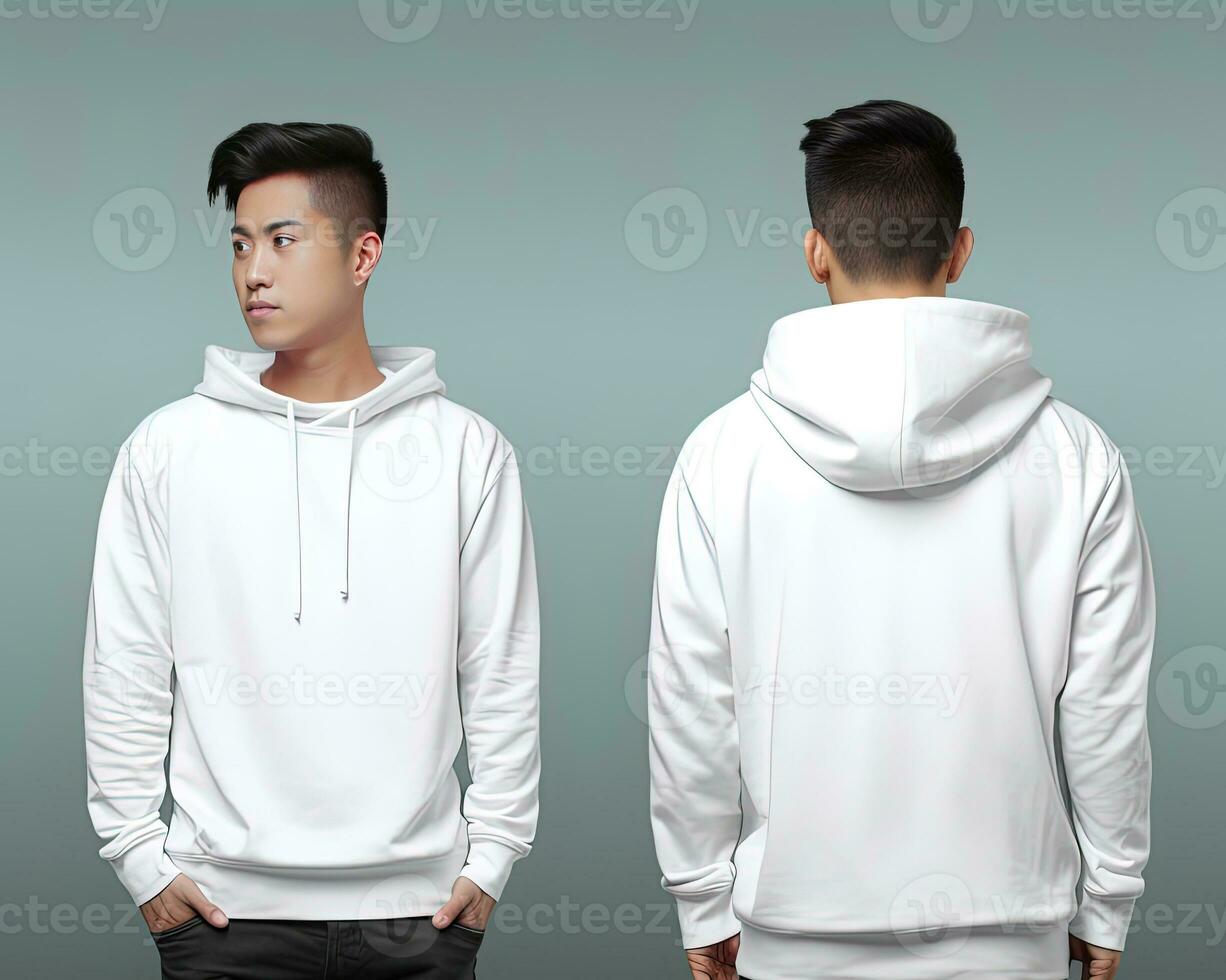 Front and back view of a white hoodie mockup for design print. ai generated photo