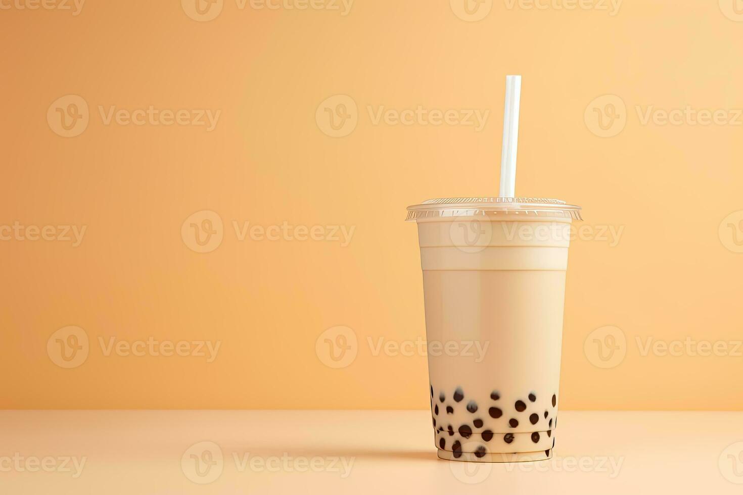 iced milk tea and bubble boba in the plastic glass on the beige background. ai generated photo