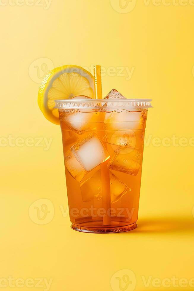 Ice tea on plastic cup with lemon, side view with transparent background,  Generative AI Technology 24734001 PNG
