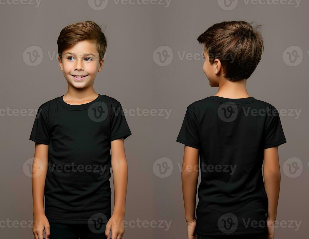 Front and back views of a little boy wearing a black T-shirt. ai generated photo