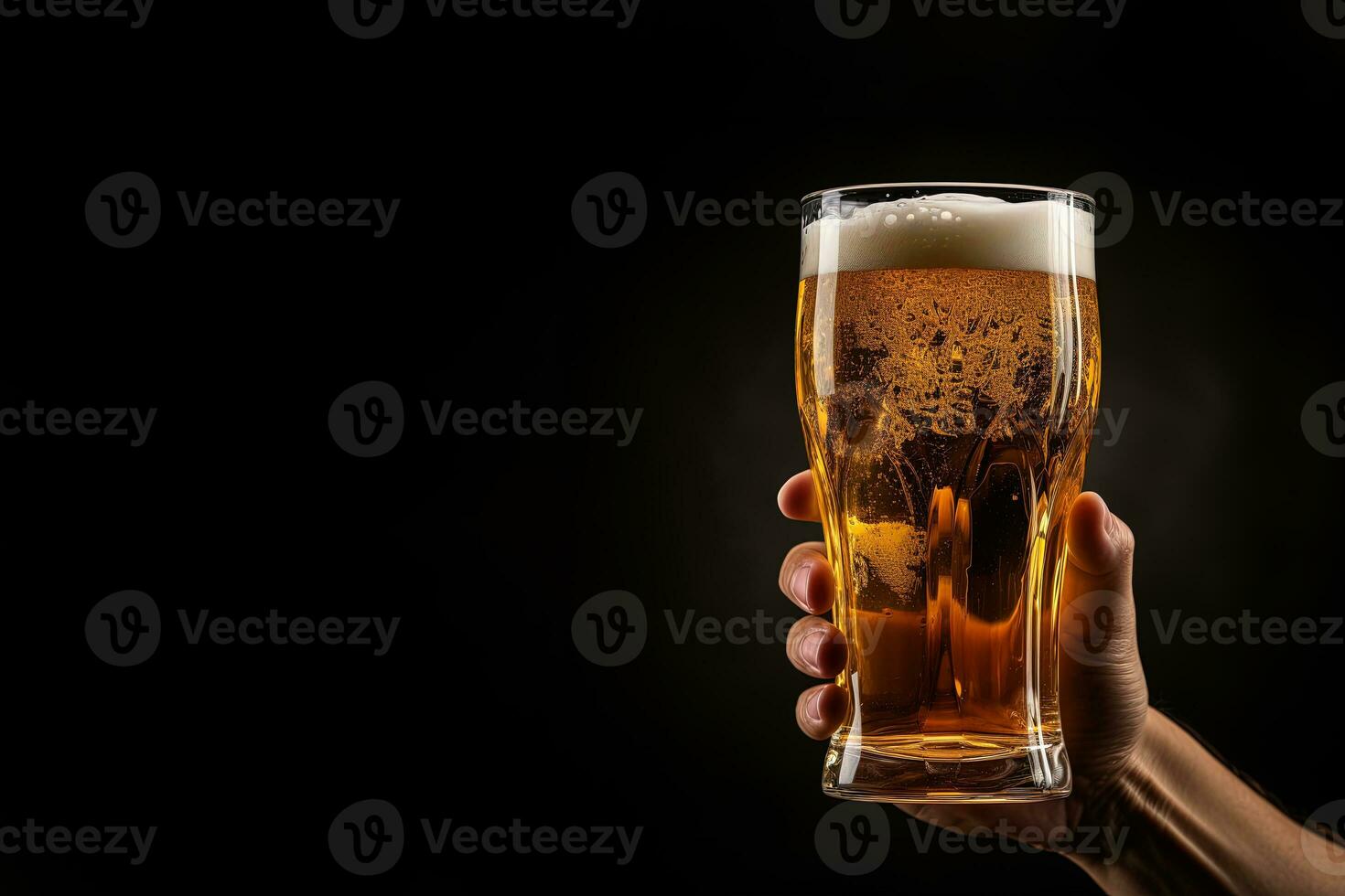 a male hand holding up a glass of beer isolated on a black background with copy space. ai generated photo