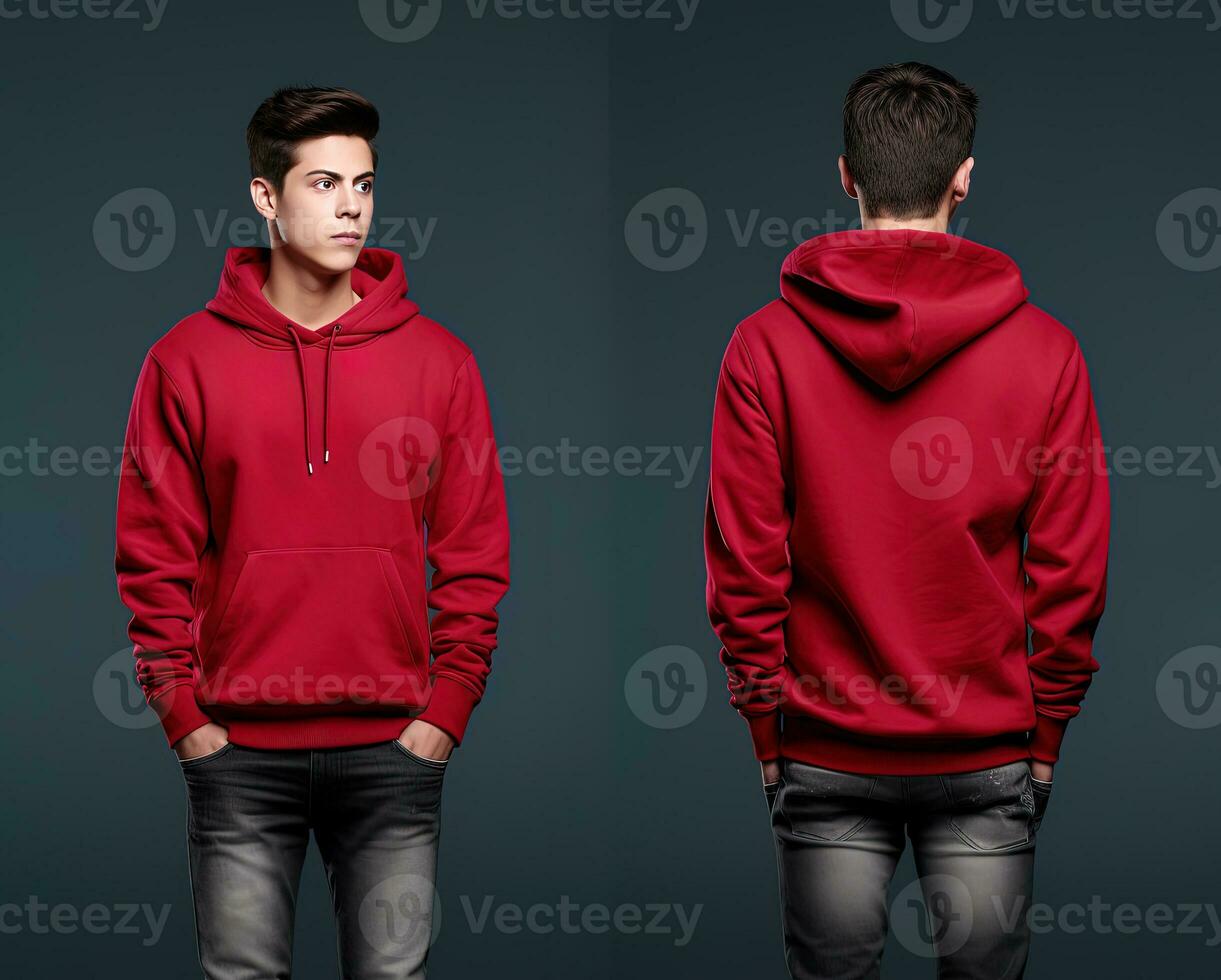 Front and back view of a red hoodie mockup for design print. ai generated photo