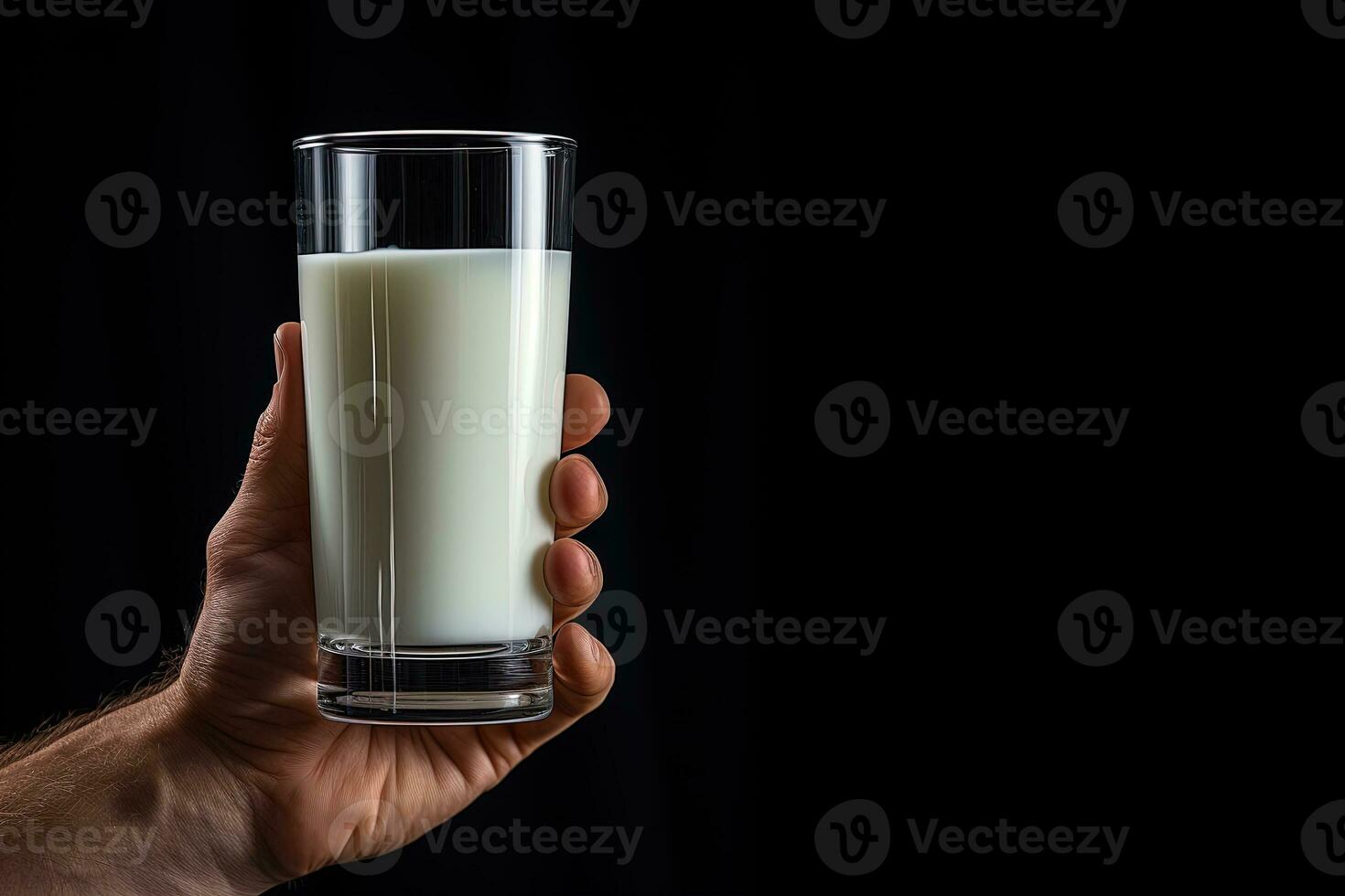 Hand holding a glass of fresh milk isolated on black background with copy space. ai generated photo