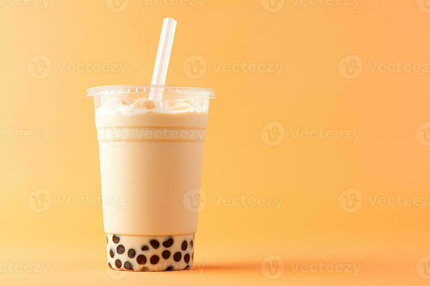 iced milk tea and bubble boba in the plastic glass on the beige background. ai generated photo