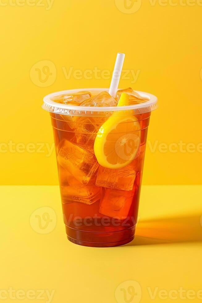 Ice tea on plastic cup with lemon, side view with transparent background,  Generative AI Technology 24734001 PNG