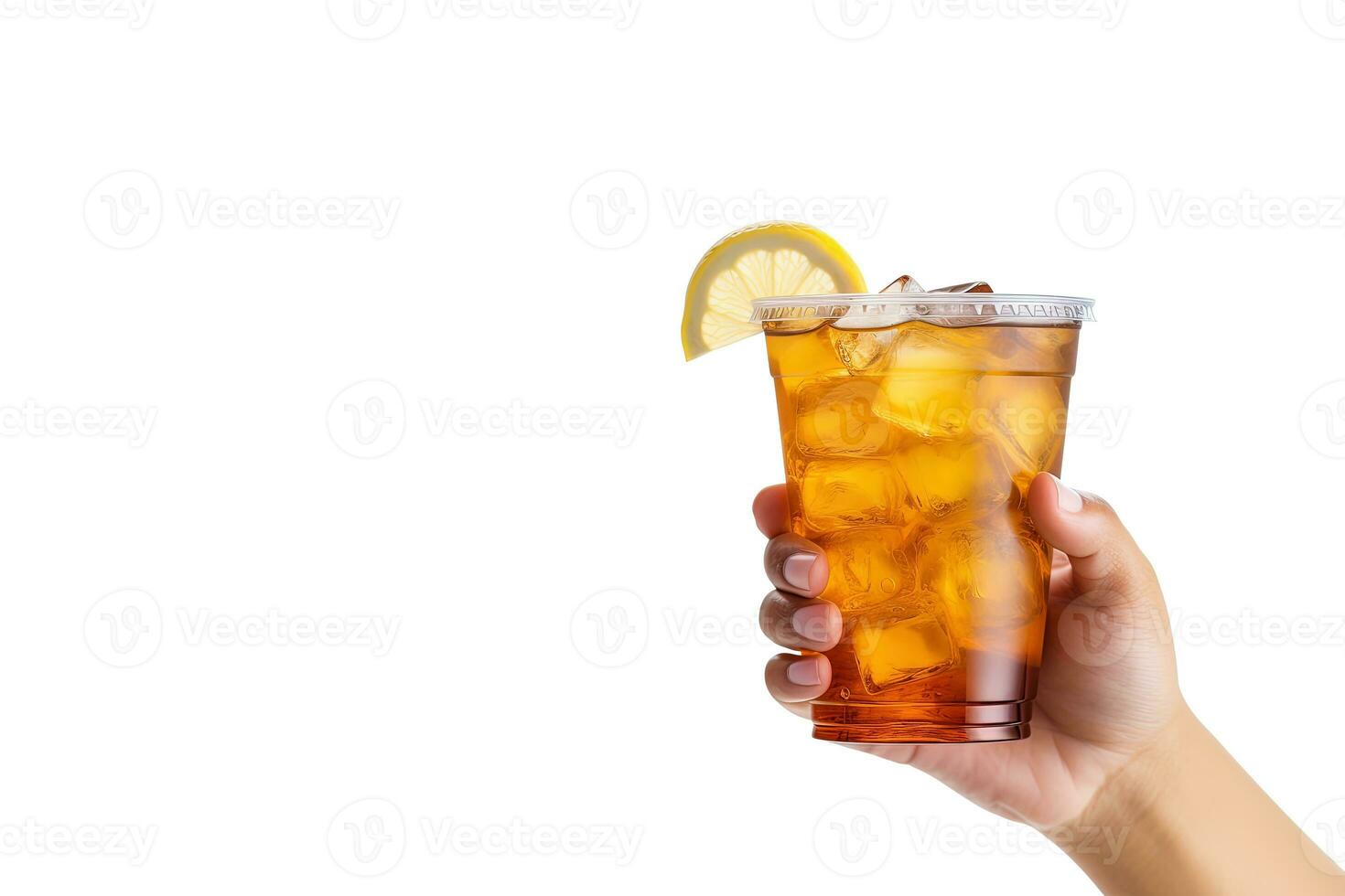 A hand holding takeaway plastic cup of delicious iced lemon tea isolated on white background with copy space. ai generated photo