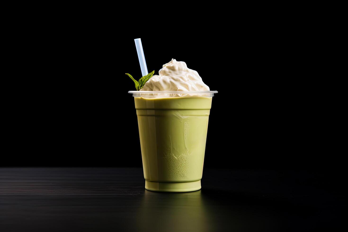 Green tea frappucino with whipped cream in a takeaway cup isolated on dark background. ai generated photo