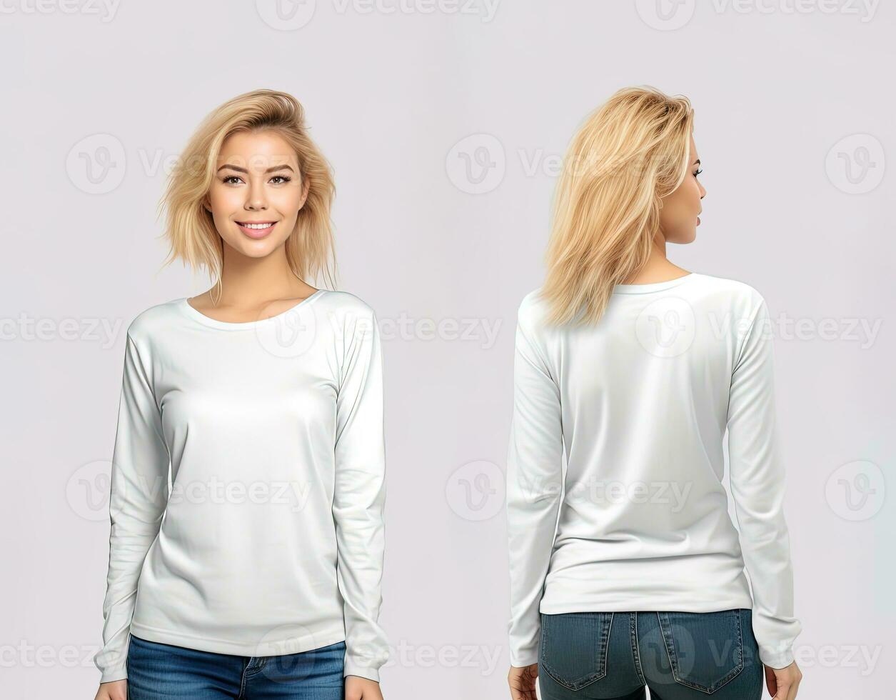 Woman wearing a white T-shirt with long sleeves. Front and back view. ai generated photo