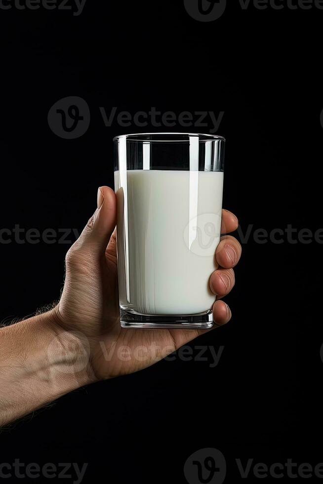 Hand holding a glass of fresh milk isolated on black background. ai generated photo