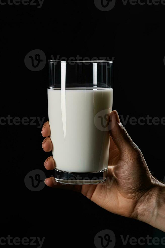 mano participación un vaso de Fresco Leche aislado en negro antecedentes. ai generado foto