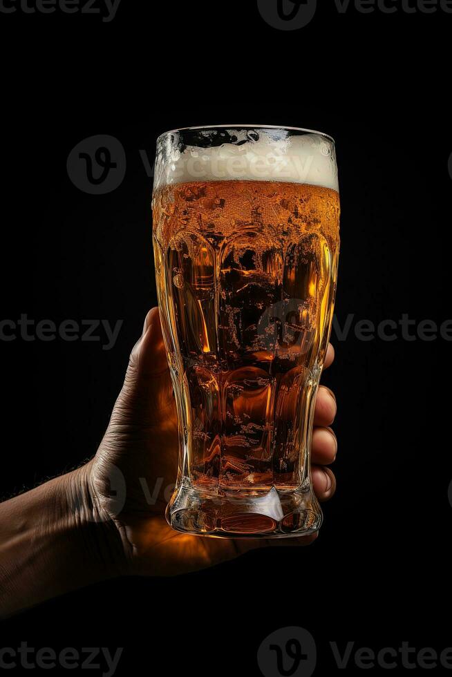 a male hand holding up a glass of beer isolated on a black background. ai generated photo