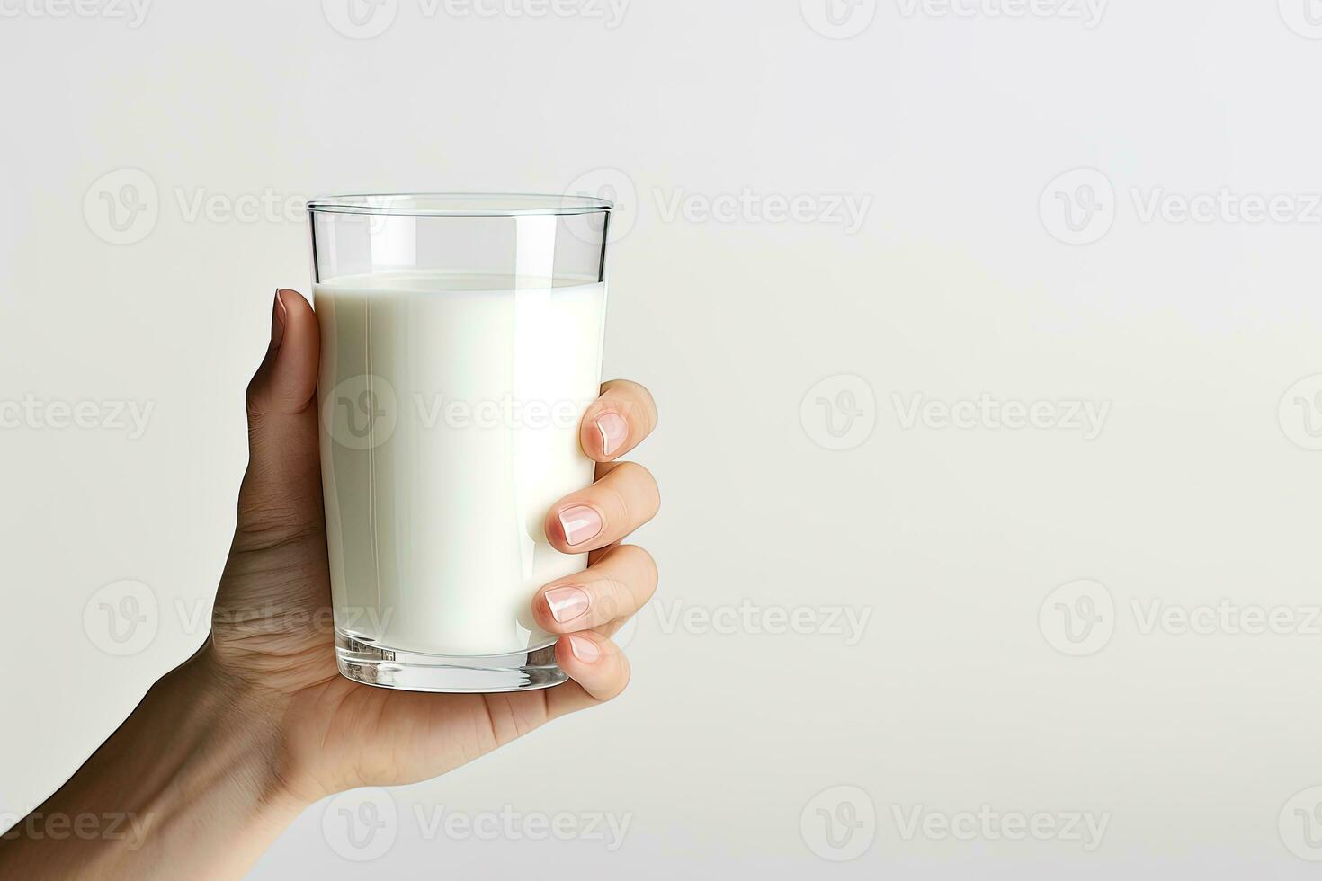 Hand holding a glass of fresh milk isolated on grey background with copy space. ai generated photo