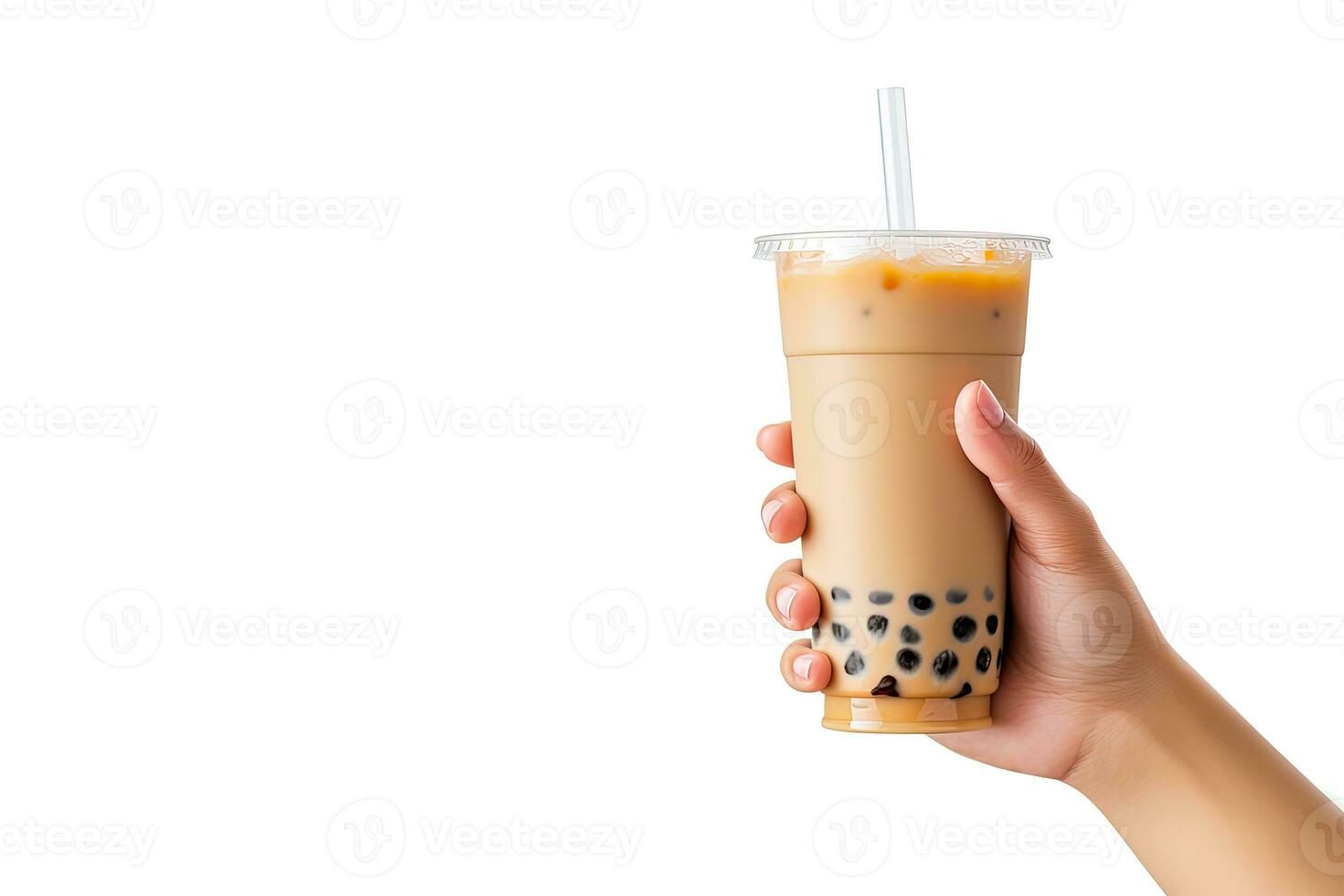 A hand holding takeaway plastic cup of delicious iced bubble milk tea and black pearls isolated on white background with copy space. ai generated photo
