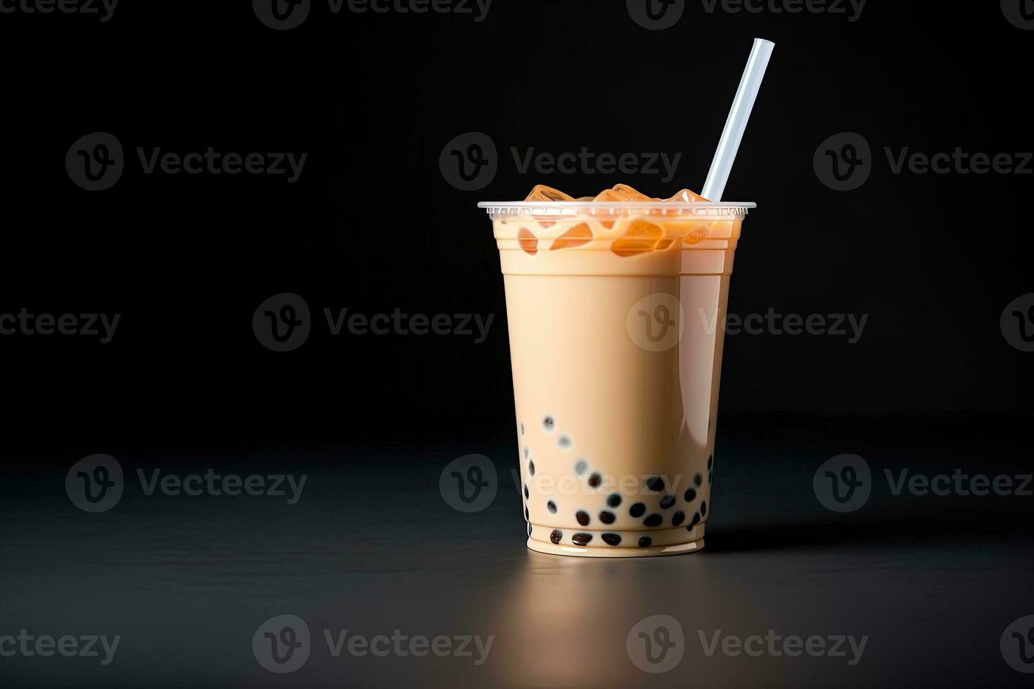 milk tea white bubble on plastic cup, isolated on dark background, side view. ai generated photo