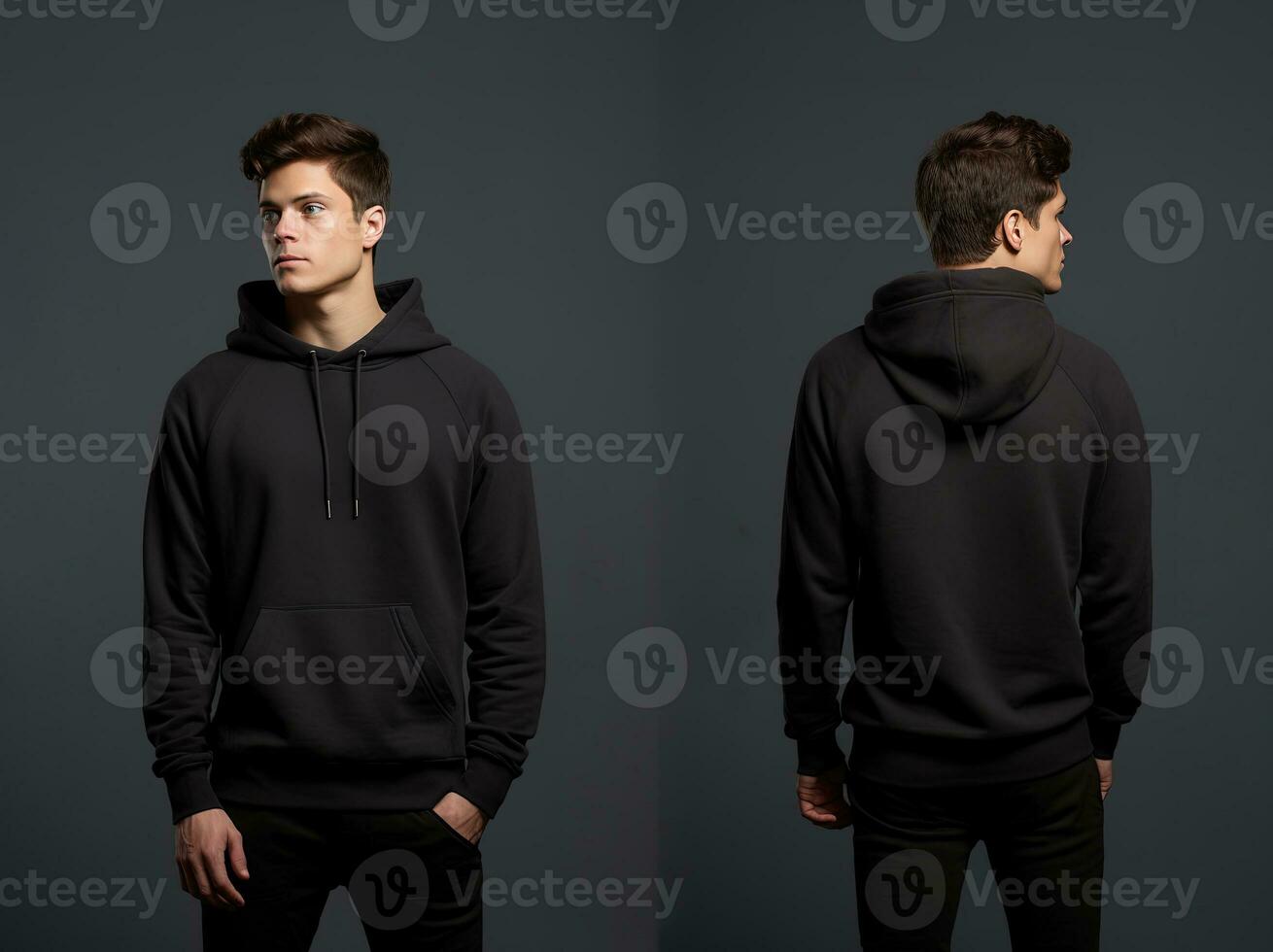 Front and back view of a black hoodie mockup for design print. ai generated photo