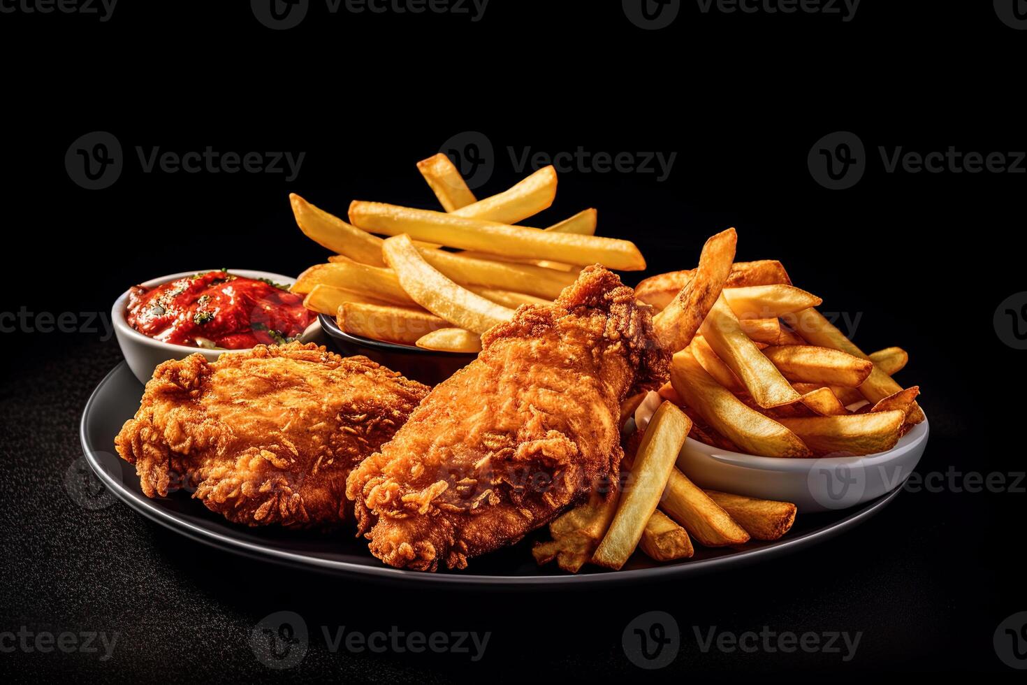 Fast food fried crispy chicken and french fries potatoes with ketchup sauce isolated on dark background. photo
