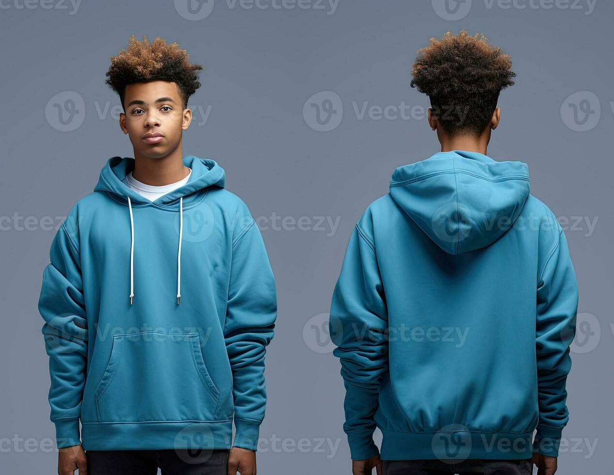 Front and back view of a blue hoodie mockup for design print. ai generated photo