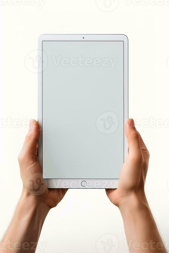 Hand holding tablet with mockup blank screen isolated on white background. ai generated photo