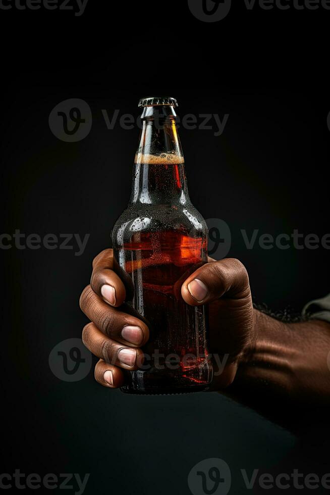 a male hand holding up a bottle of beer isolated on a black background. ai generated photo