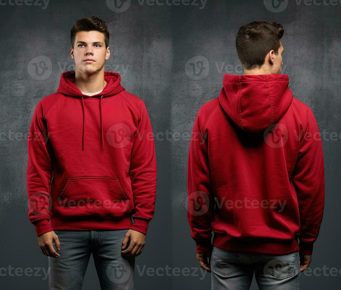 Front and back view of a red hoodie mockup for design print. ai generated photo