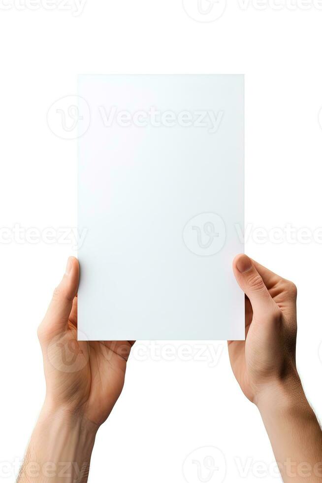 A human hand holding a blank sheet of white paper or card isolated on white background. ai generated photo