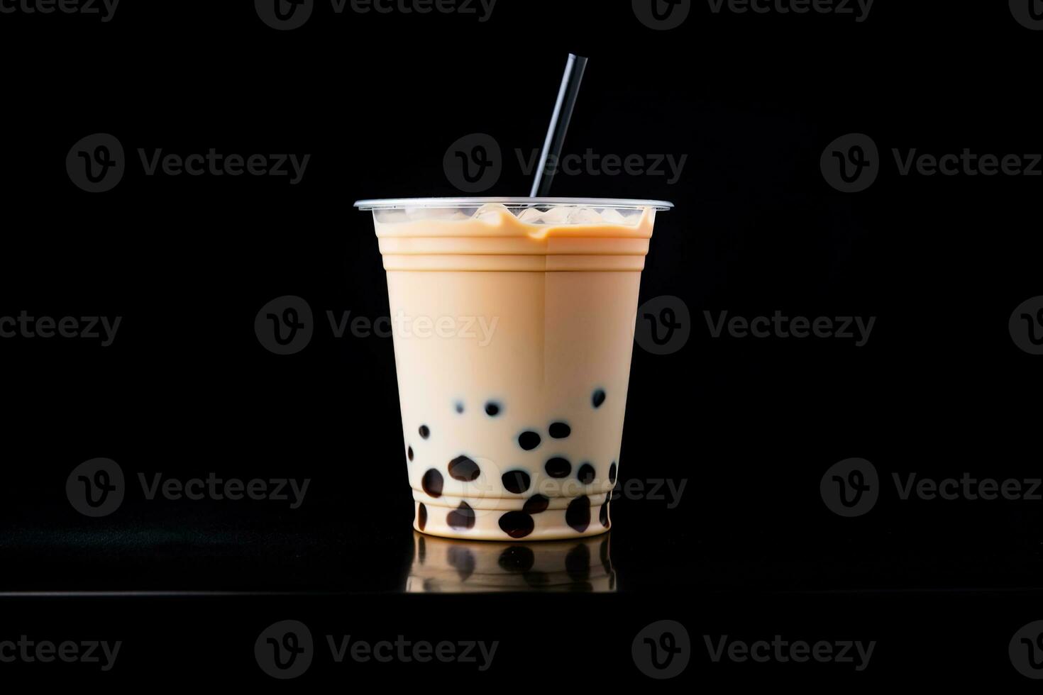 milk tea white bubble on plastic cup, isolated on dark background, side view. ai generated photo