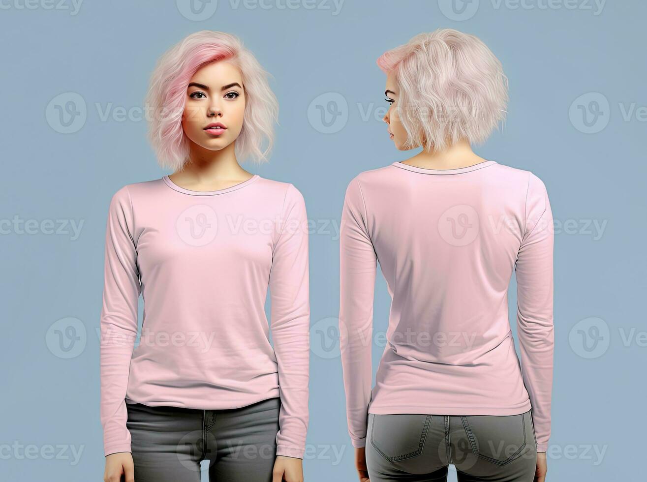 Woman wearing a pink T-shirt with long sleeves. Front and back view photo