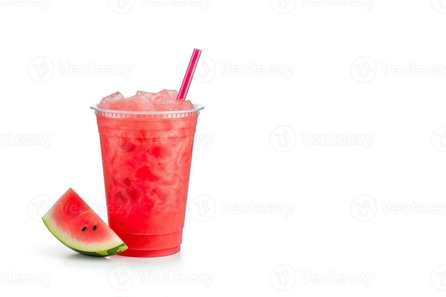 watermelon smoothie in take away cup with watermelon sliced isolated on white background with copy space. ai generated photo