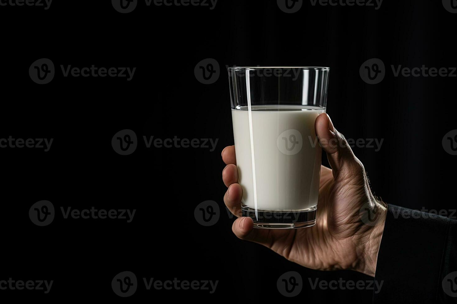 Hand holding a glass of fresh milk isolated on black background with copy space. ai generated photo