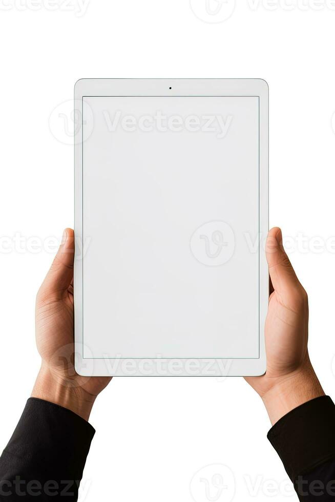 Hand holding tablet with mockup blank screen isolated on white background. ai generated photo