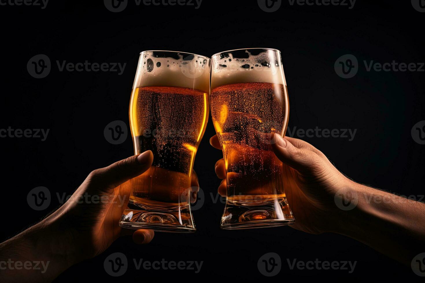 Hands toasting with glasses of beer isolated on black background. ai generated photo