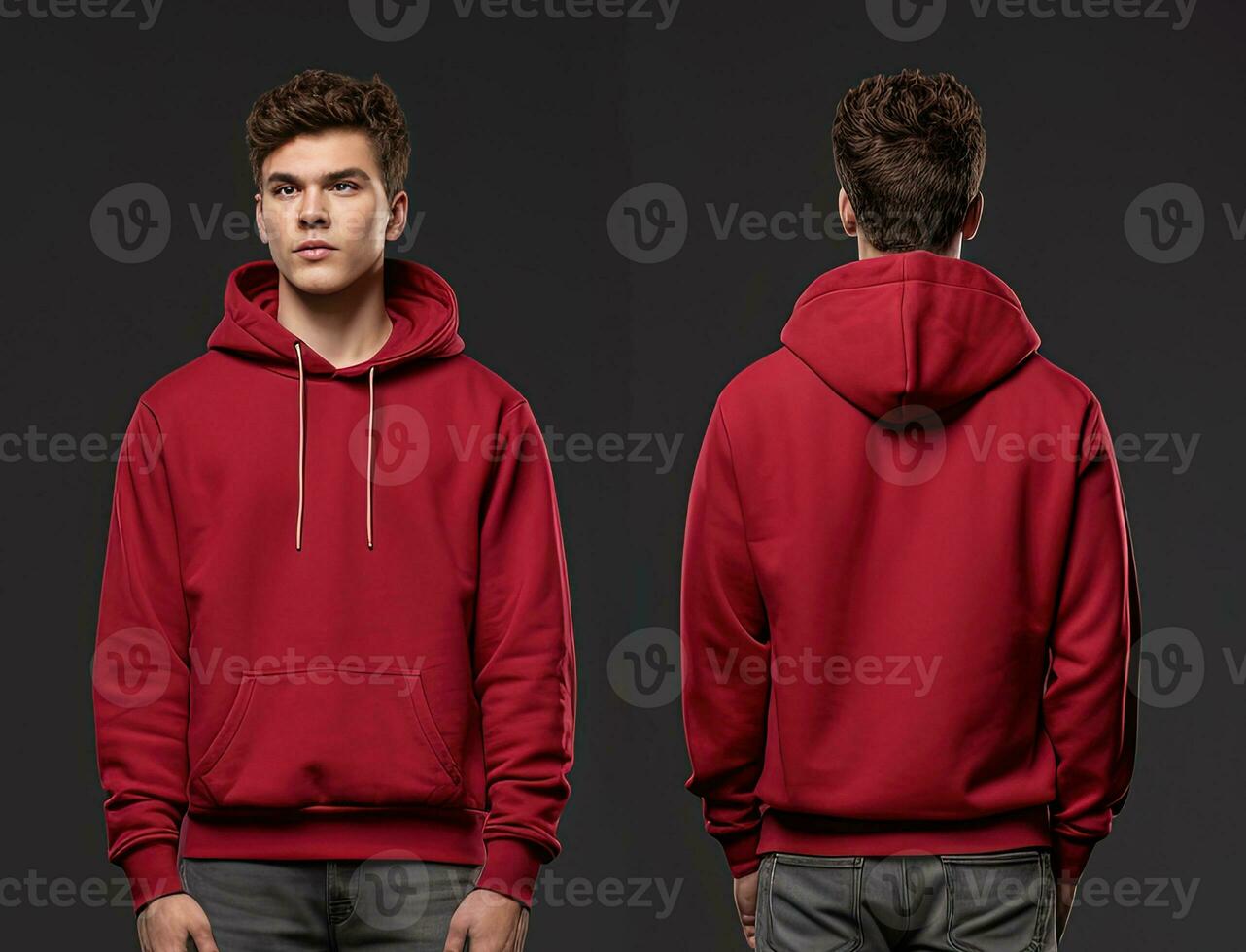 Front and back view of a red hoodie mockup for design print. ai generated photo