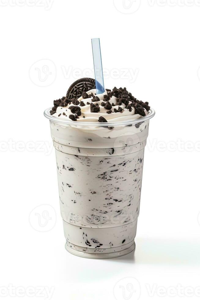Cookies and cream milkshake in a takeaway cup isolated on white