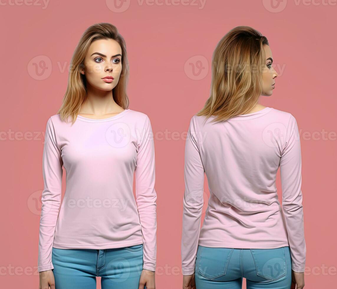 Woman wearing a pink T-shirt with long sleeves. Front and back view photo