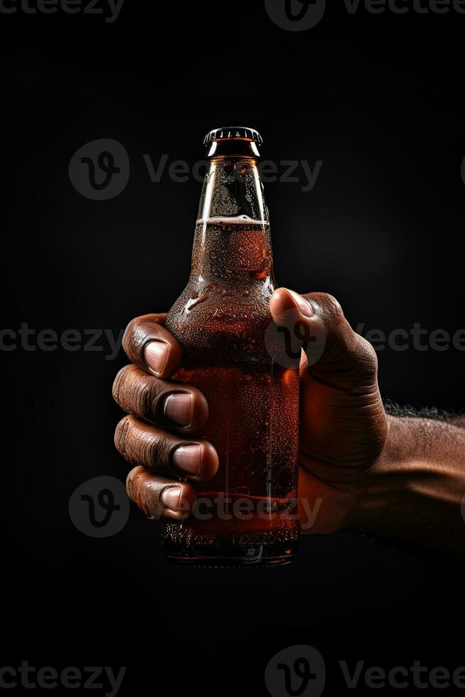 a male hand holding up a bottle of beer isolated on a black background. ai generated photo