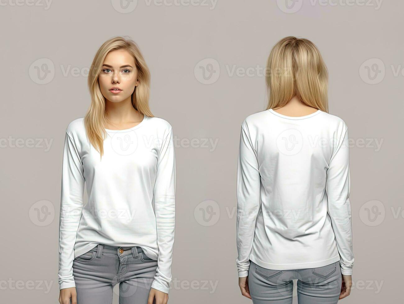 Woman wearing a white T-shirt with long sleeves. Front and back view. ai generated photo