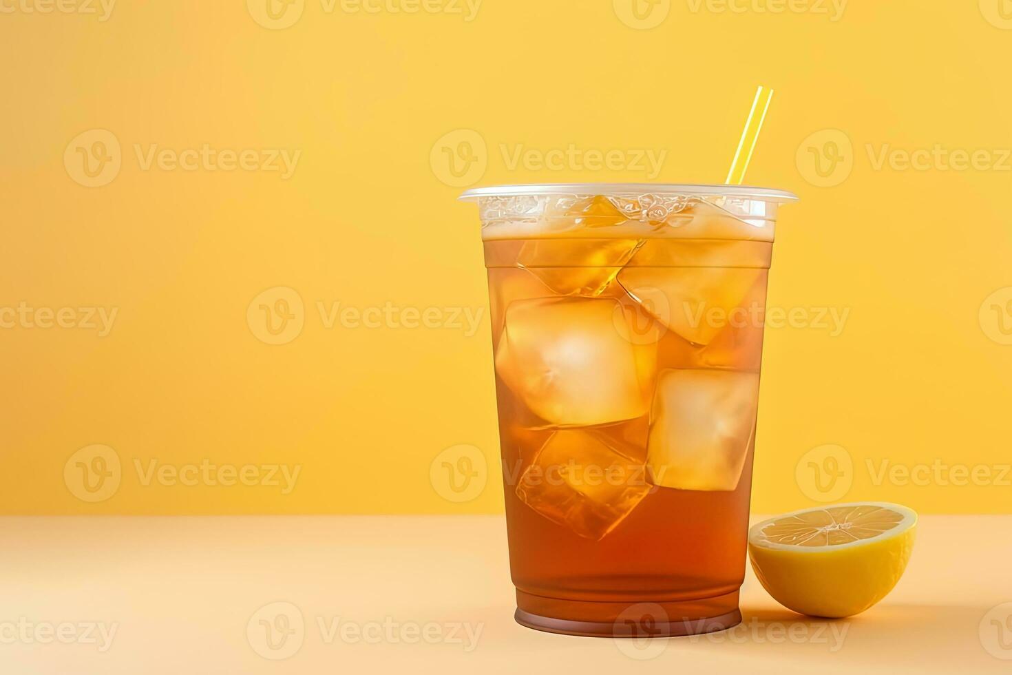 Iced lemon tea on plastic takeaway glass. ai generated photo