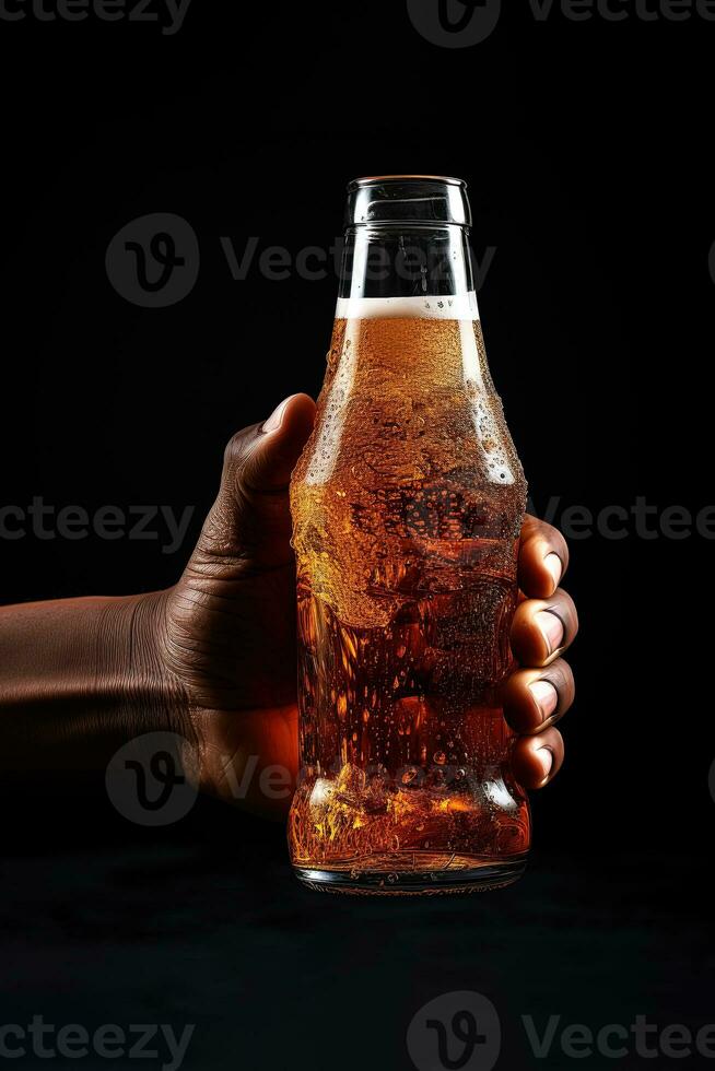 a male hand holding up a bottle of beer isolated on a black background. ai generated photo