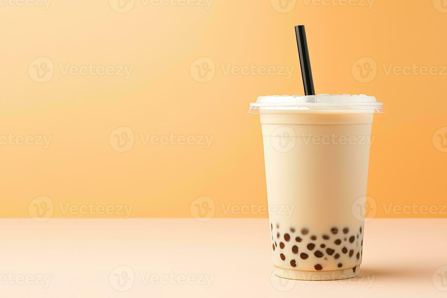 iced milk tea and bubble boba in the plastic glass on the beige background. ai generated photo