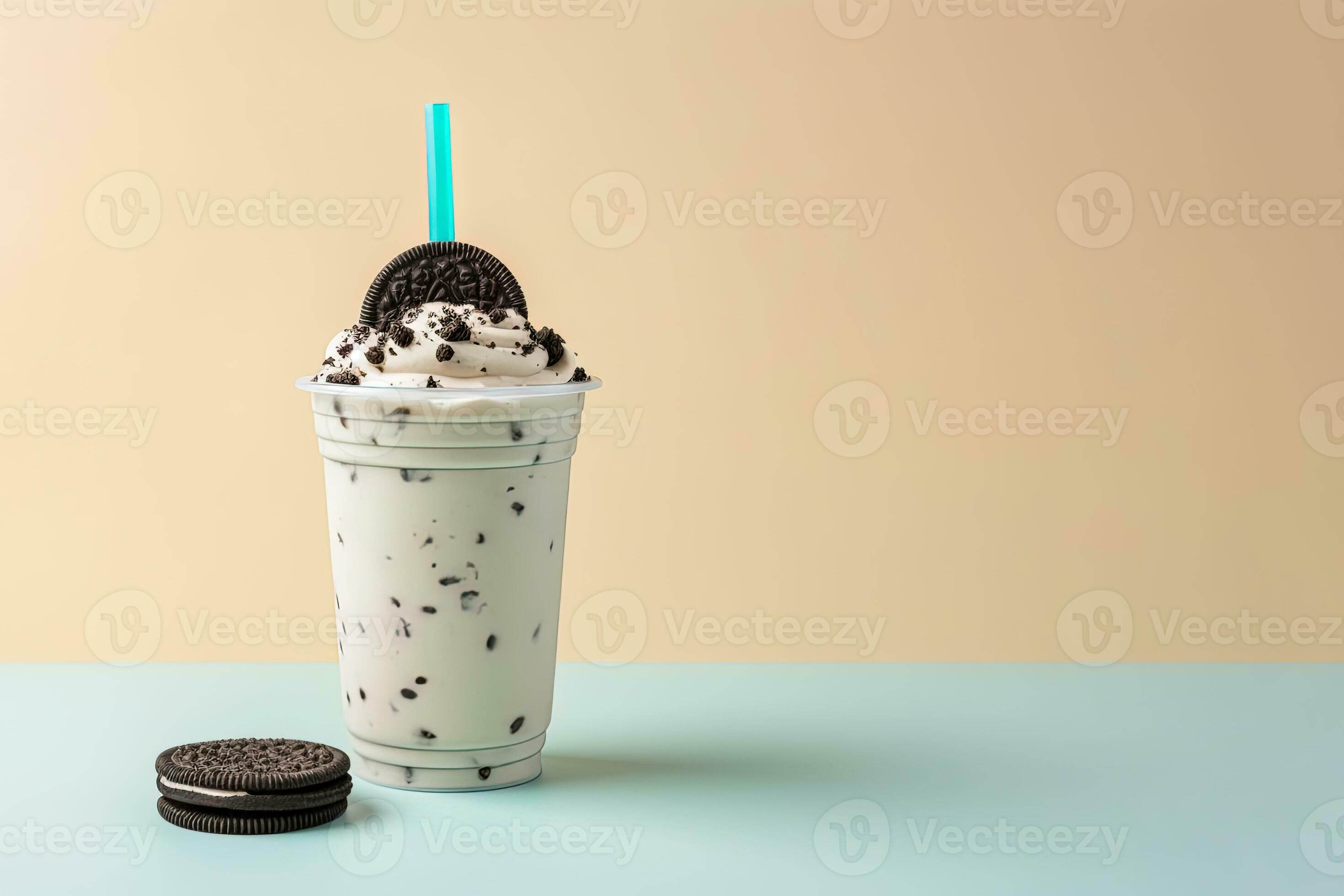 Cookies and cream milkshake in a takeaway cup with copy space. ai