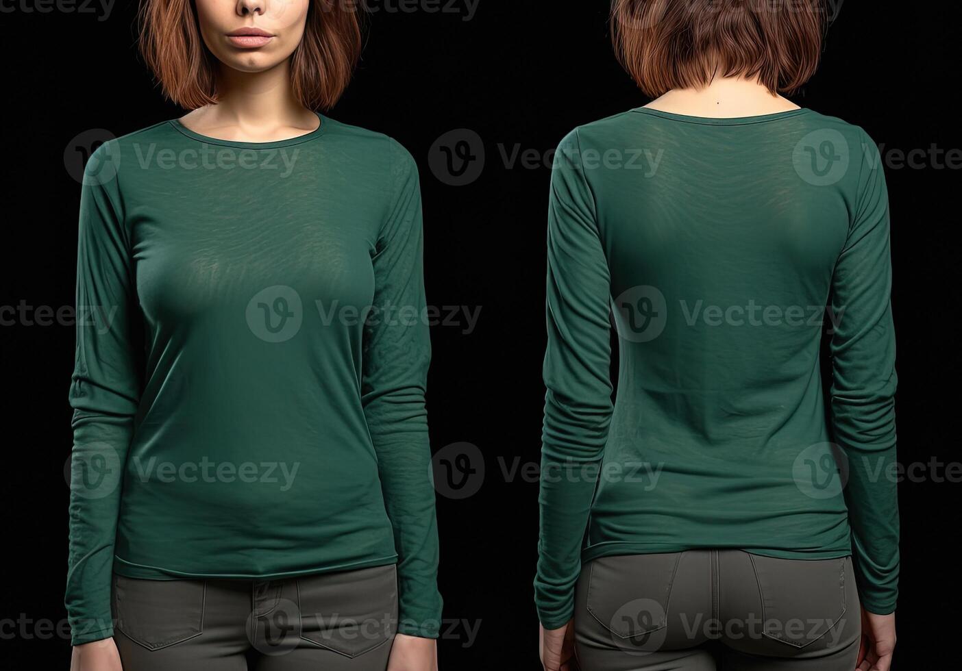 Woman wearing a green T-shirt with long sleeves. Front and back view. photo