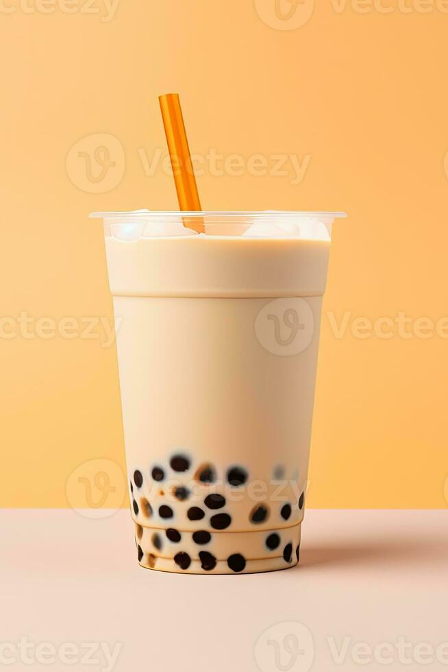 con hielo Leche té y burbuja boba en el el plastico vaso en el beige antecedentes. ai generado foto