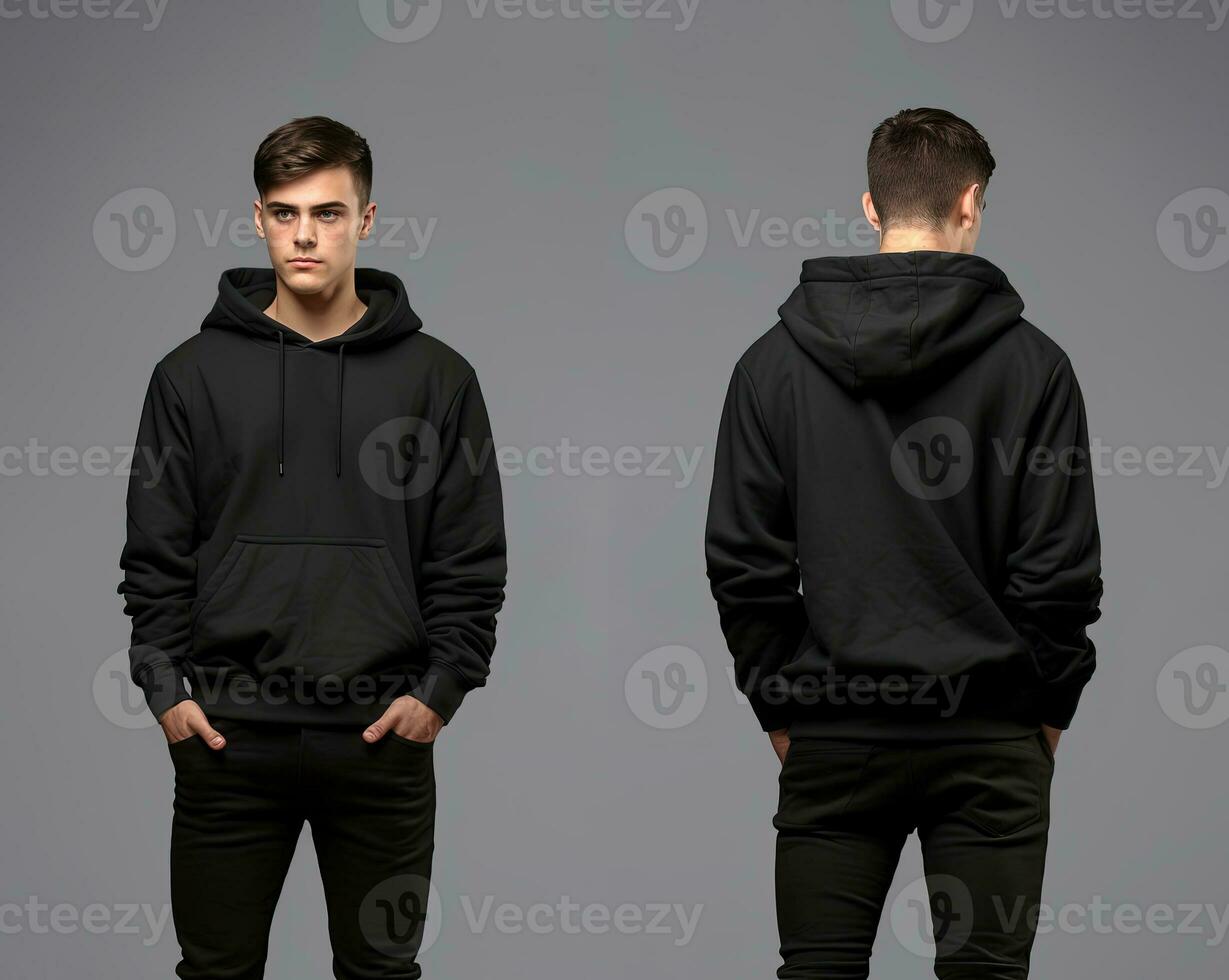 Front and back view of a black hoodie mockup for design print. ai generated photo