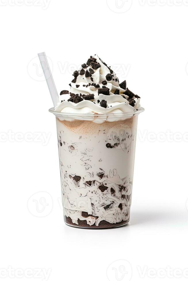 Cookies and cream milkshake in a takeaway cup isolated on white background. ai generated photo