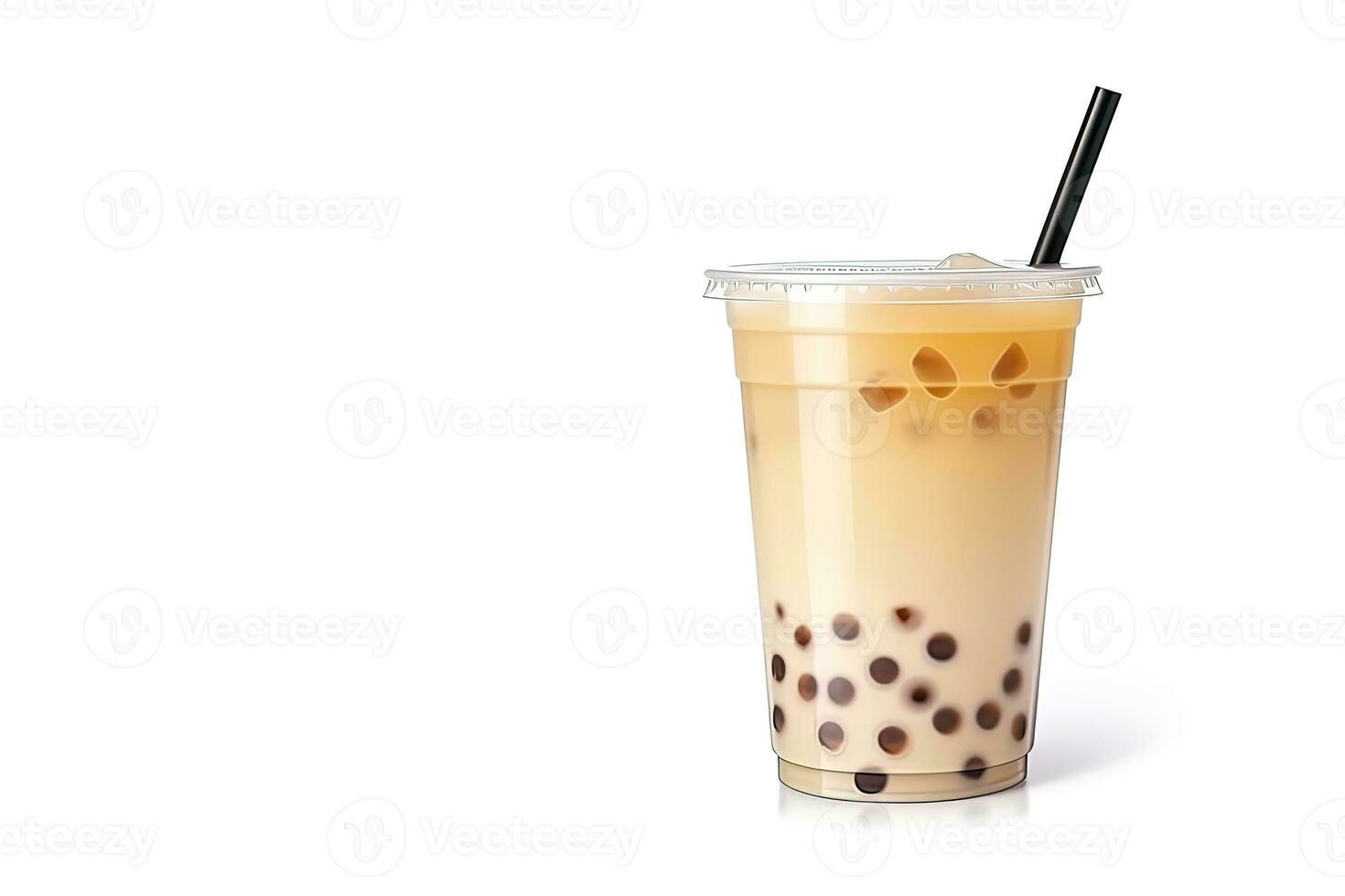 iced milk tea and bubble boba in the plastic glass on the white background with copy space. ai generated photo